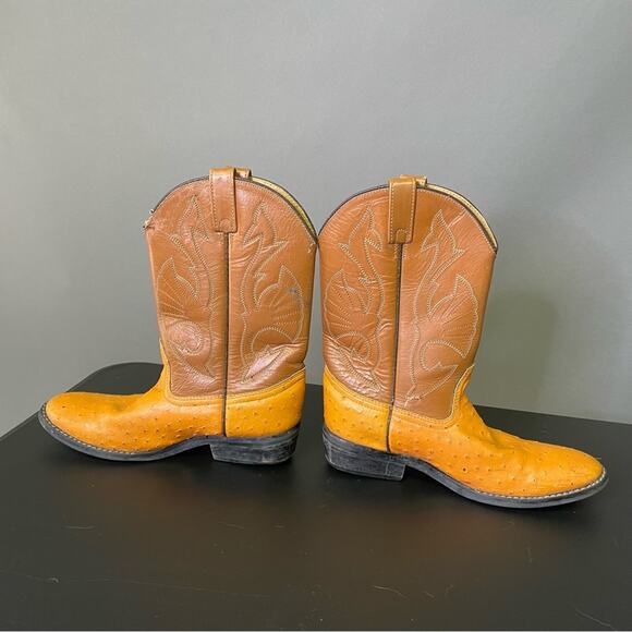 Acme Cowboy Boots Vintage Faux Ostrich Size 4.5 Orange Brown 90s Western Rodeo - Picture 2 of 9